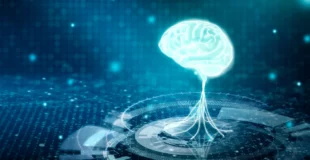 Cerebro digital saliendo de sistema informática - escuela superior de informática de ciudad real