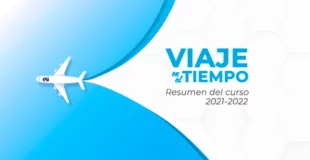 Imagen de un avión retirando una capa de color azul, dejando ver el texto: viaje en el tiempo, resumen del curso 2021-2022 esi uclm