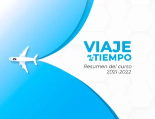 Imagen de un avión retirando una capa de color azul, dejando ver el texto: viaje en el tiempo, resumen del curso 2021-2022 esi uclm