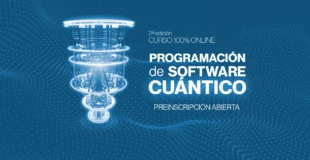 Imagen de ordenador cuántico y título del curso de programación.