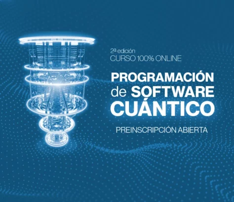 Imagen de ordenador cuántico y título del curso de programación.