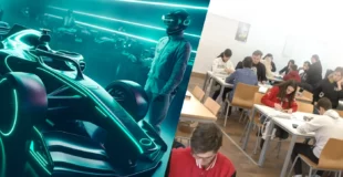 Simulador de conducción y estudiantes en un laboratorio