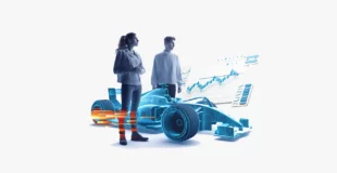 Estudiantes y coche de formula 1 virtual