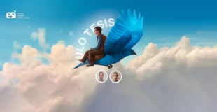 Estudiante volando sobre pájaro azul de twitter