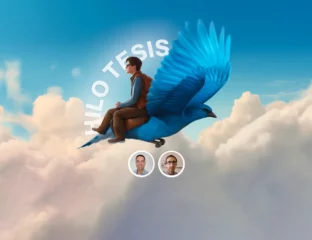 Estudiante volando sobre pájaro azul de twitter