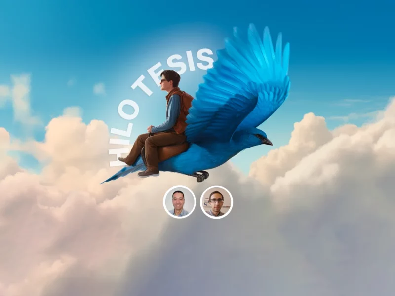 Estudiante volando sobre pájaro azul de twitter