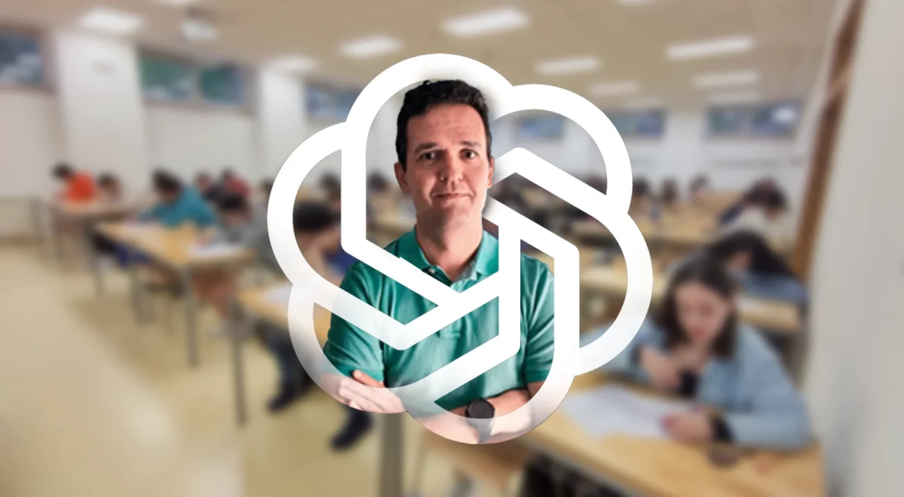 Carlos González sobre una foto de estudiantes en la esi y el logo de chatgpt