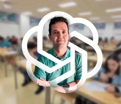 Carlos González on a photo of students at esi and the chatgpt logo