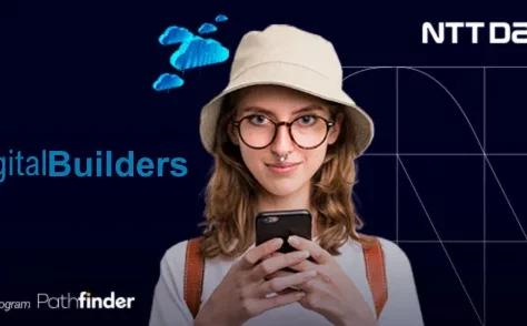 封面上有手機和標題為 DigitalBuilders 的女孩