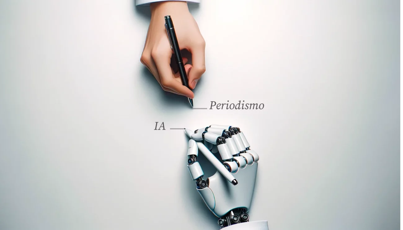 mano humana escribiendo y mano robot escribiendo con las palabras IA y periodismo