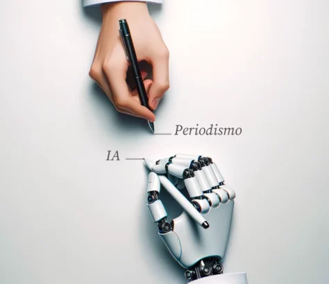 menschliche Handschrift und Roboterhandschrift mit den Worten KI und Journalismus