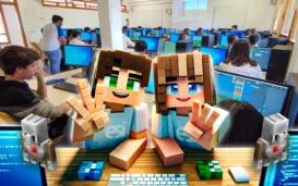 Minecraft characters in a computer lab along with students
