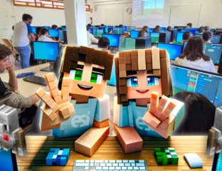 Minecraft characters in a computer lab along with students