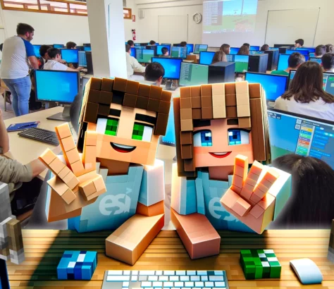 Minecraft-Charaktere in einem Computerraum zusammen mit Schülern