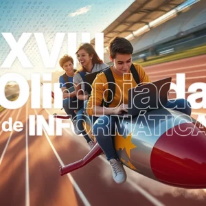 estudiantes escribiendo en un ordenador portatil sobre un cohete sobre una pista de atletismo