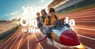 estudiantes escribiendo en un ordenador portatil sobre un cohete sobre una pista de atletismo