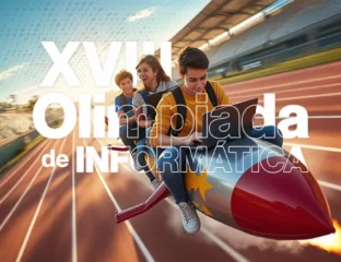 estudiantes escribiendo en un ordenador portatil sobre un cohete sobre una pista de atletismo