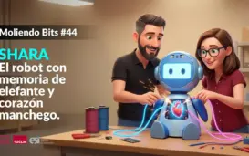 Ramón Hervas und Laura Villa bedienen einen Roboter