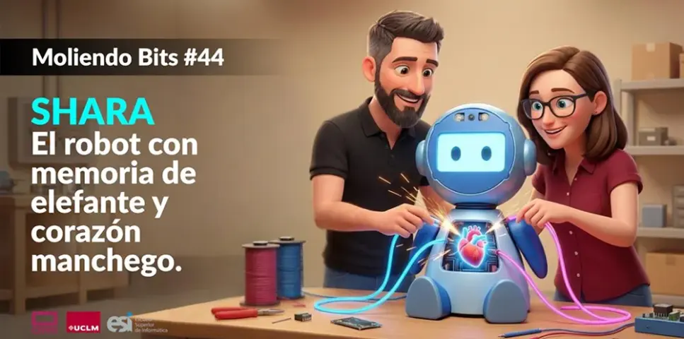 Ramón Hervas y Laura Villa manipulando un robot