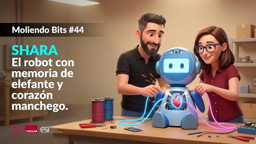 Ramón Hervas y Laura Villa manipulando un robot