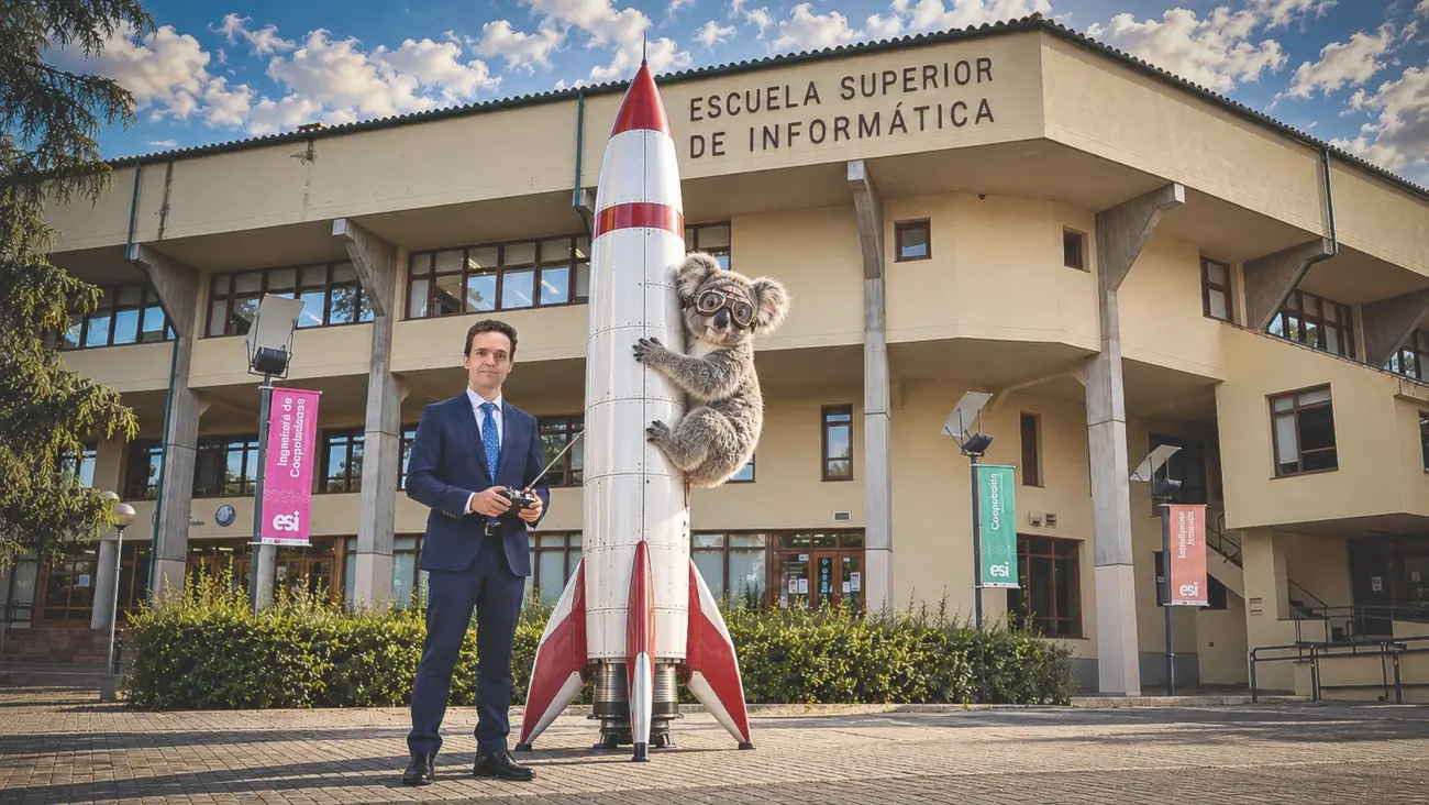 Carlos un cohete y un koala con la ESI de fondo