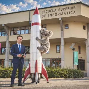 Carlos un cohete y un koala con la ESI de fondo