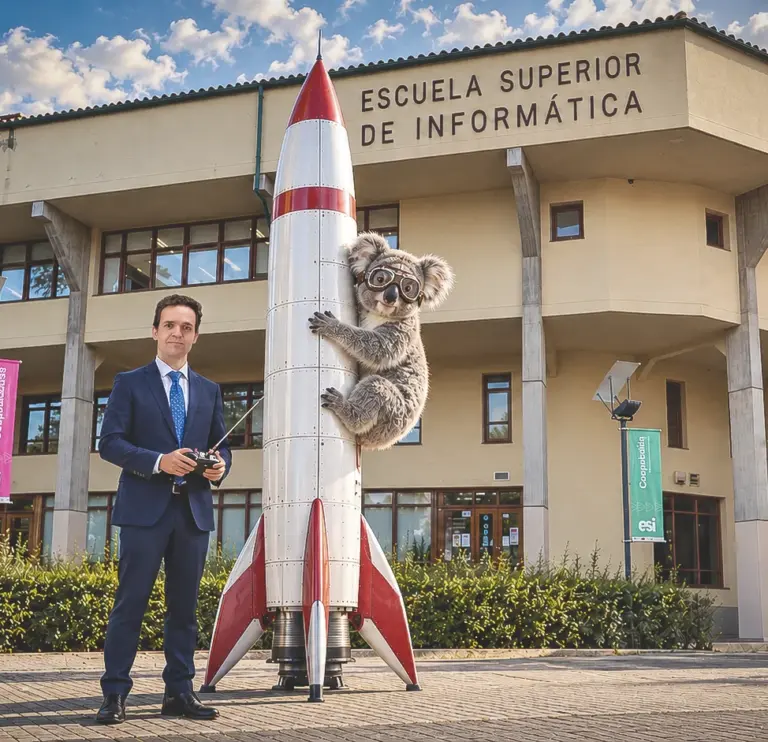Carlos un cohete y un koala con la ESI de fondo