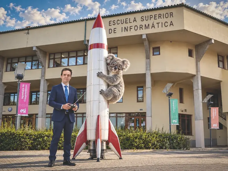 Carlos un cohete y un koala con la ESI de fondo